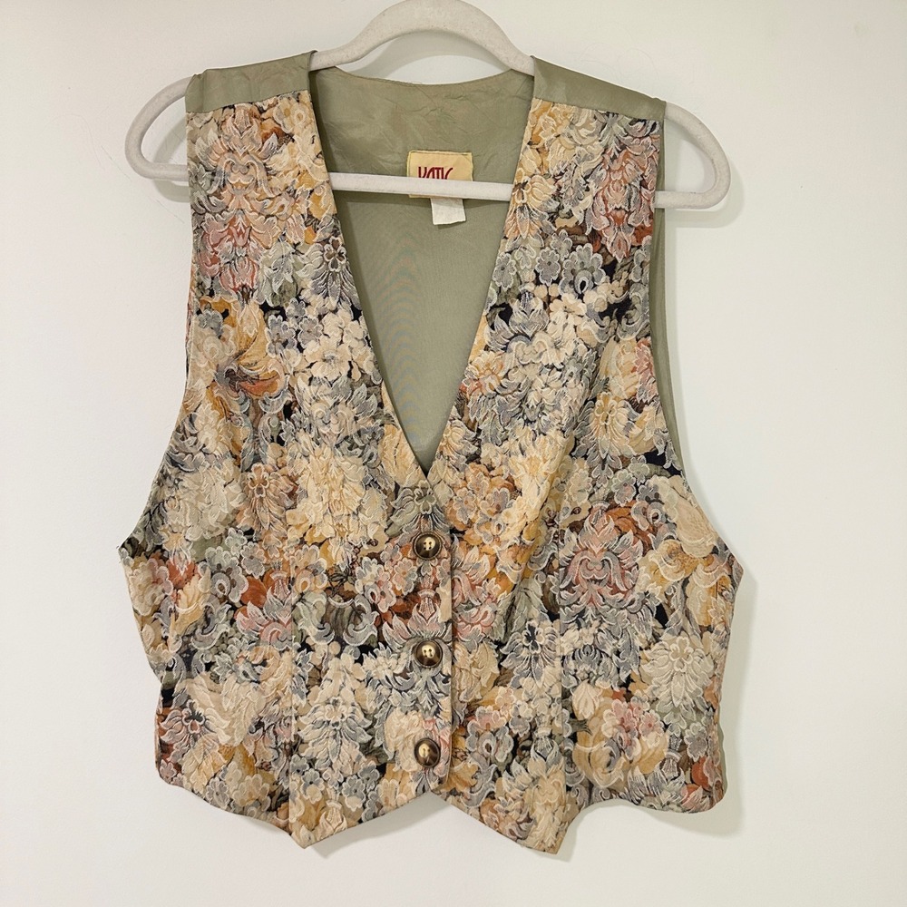 Katie Mfg Vintage Floral Tapestry Vest Women L Green Pink Brocade Button Up Boho